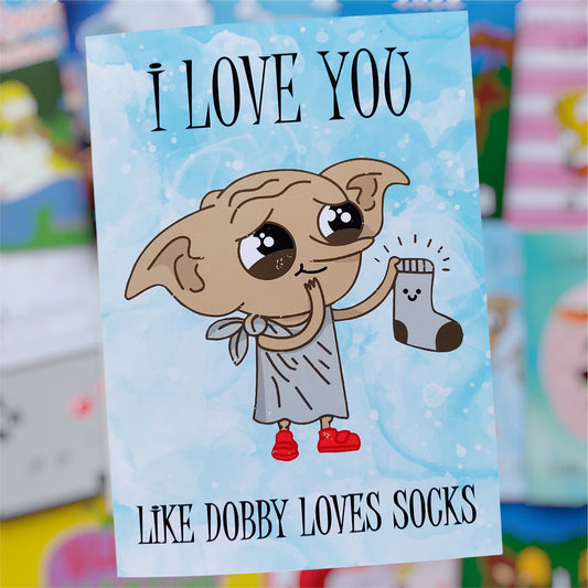 🧦✨ Tarjeta Dobby – Harry Potter “Like Dobby loves socks” ✨🧦